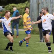 Nailsea & Backwell’s Adam Grafton (left) and Jamie Sullivan (right) celebrate Sullivan’s try at Clevedon RFC.