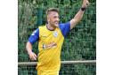 Ethan Feltham celebrates his goal for Clevedon Town at Chipping Sodbury Town.