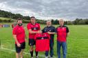 Gordano head coach Dave Burge, first XV captain Tom Arnall 
and chair Ian Pope receive their new kit from Sean Coles of sponsor Gatehouse Architectural Aluminium