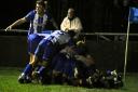 Clevedon Town's Syd Camper leads the celebrations after Sam Beresford's goal at Bridgwater United.