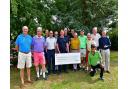 Stand with Ukranine. Presentation Cheque for £4,800 raised by members and guests of Long Ashton Golf Club. Cheque being  Held by Mike Price ,singer and Organiser evening  of Cabaret Music Night,along with David Whitfield. Picture Credit Mandatory