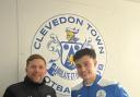 Clevedon Town assistant manager Ryan King with new signing Kieran Ireland.