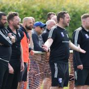 Nailsea & Tickenham manager Nic Steadman, far right, during the Swags 4-2 win at Worle on Saturday.