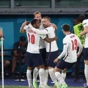 England's Harry Kane (centre) celebrates scoring their side's first goal of the game during the UEFA Euro 2020 Quarter Final match at the Stadio Olimpico, Rome. Picture date: Saturday July 3, 2021.