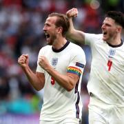 England's Harry Kane (left) and Declan Rice celebrate after during the UEFA Euro 2020 round of 16 match at Wembley Stadium, London. Picture date: Tuesday June 29, 2021.