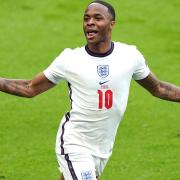 England's Raheem Sterling celebrates scoring their side's first goal of the game during the UEFA Euro 2020 round of 16 match at Wembley Stadium, London. Picture date: Tuesday June 29, 2021.