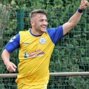 Ethan Feltham celebrates his goal for Clevedon Town at Chipping Sodbury Town.
