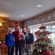 Steve Boyle (centre) holding Clevedon Golf Club Town Challenge Trophy on behalf of victorious Portishead team with fellow Captains Ben Bamford and Dave Merrison alongside.