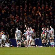 Bristol Bears' Yann Thomas (centre) celebrates after team-mate Harry Thacker scores their side's first try of the game during the Gallagher Premiership match at Twickenham Stoop, London. Tuesday December 27, 2022. Picture: PA Wire/Andrew Matthews