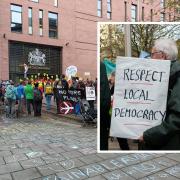 Protestors outside Bristol Civil Justice Centre.