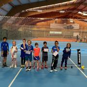 North Somerset Tennis Academy player Jesse, last person at the end, was the only player from Weston and North Somerset to take part in the Avon County under-eights tournament. Pic: North Somerset Tennis Academy.