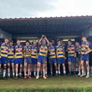 Clevedon RFC under-15s celebrate winning the Mendip 7s after beating Bath in the final at Winscombe.