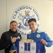 Clevedon Town assistant manager Ryan King with new signing Kieran Ireland.