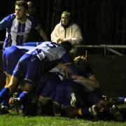 Clevedon Town's Syd Camper leads the celebrations after Sam Beresford's goal at Bridgwater United.